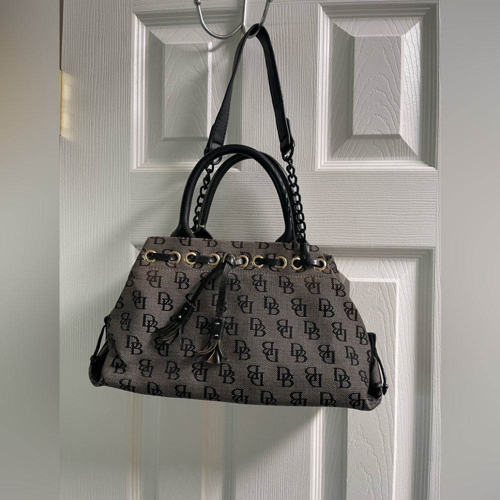 Vintage Dooney & Bourke Black and Gray Monogram Designer Satchel Handbag Purse